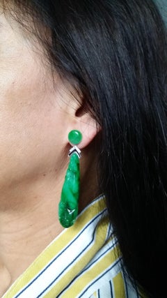 Art Deco Style Jade Gold Diamonds Black Enamel Carved Drop Earrings