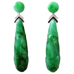 Used Art Deco Style Jade Gold Diamonds Black Enamel Carved Drop Earrings