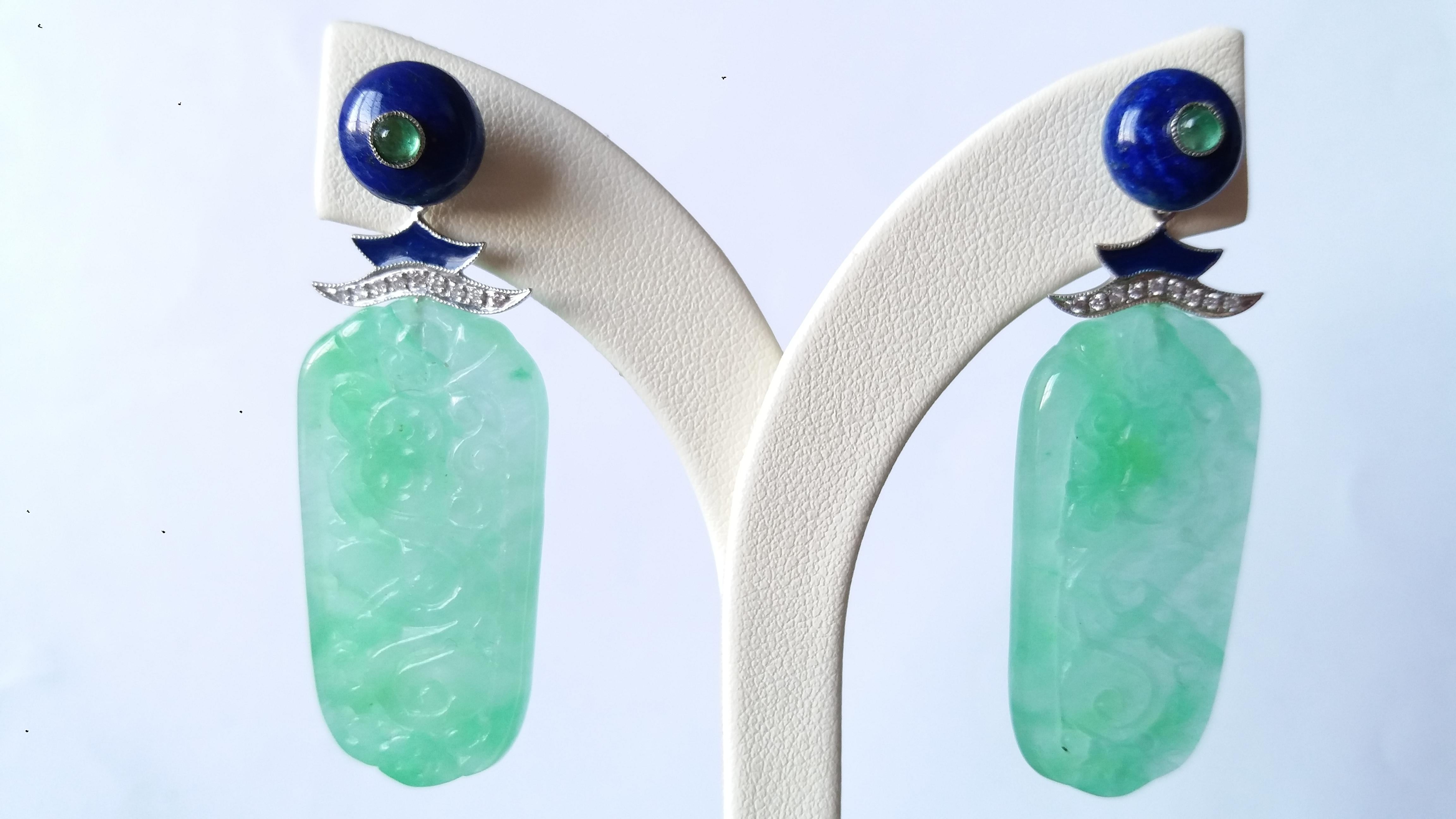 Uncut Art Deco Style Jade Gold Lapis Lazuli Diamonds Emeralds Blue Enamel Earrings For Sale