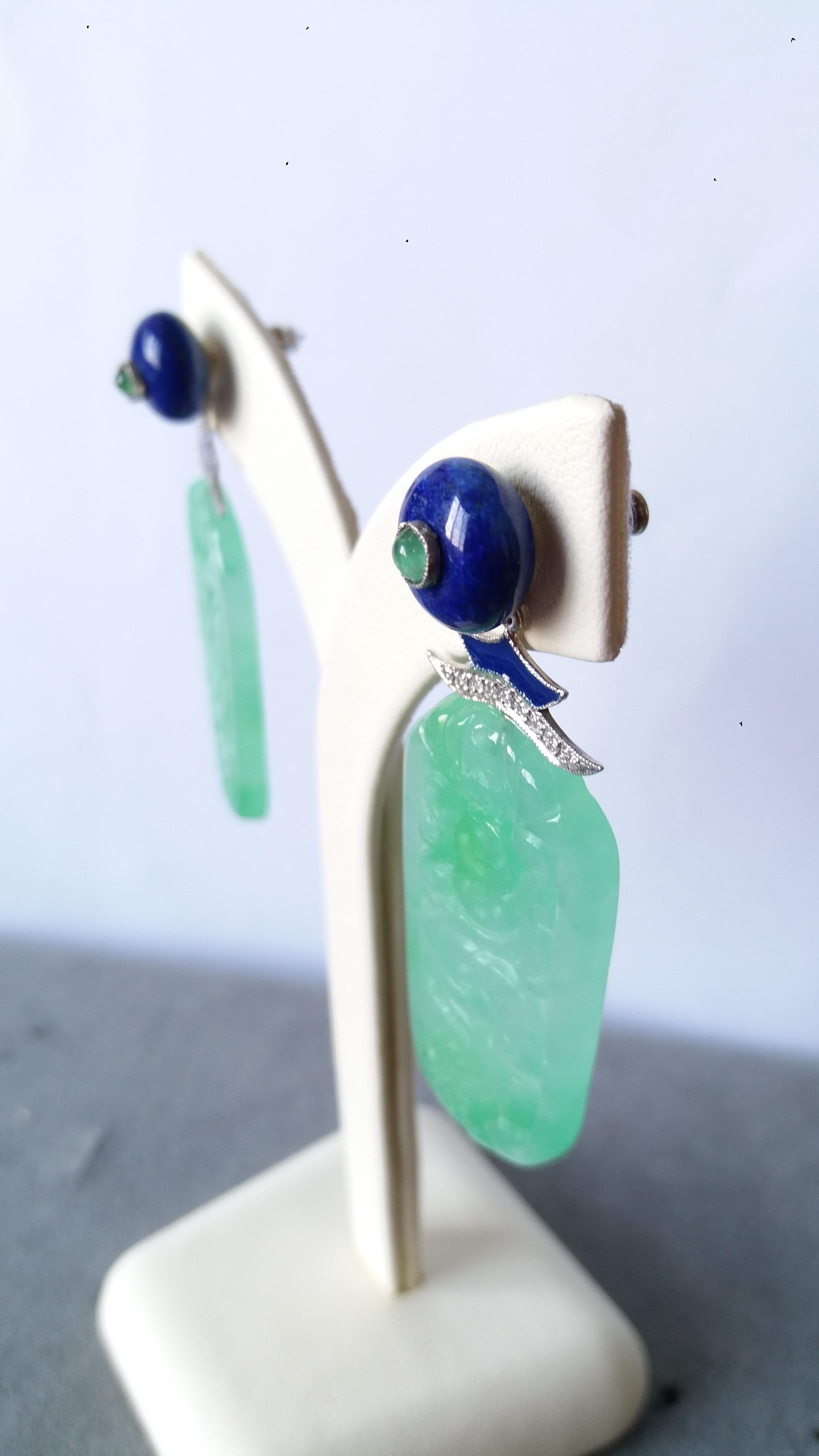 Art Deco Style Jade Gold Lapis Lazuli Diamonds Emeralds Blue Enamel Earrings In Good Condition For Sale In Bangkok, TH