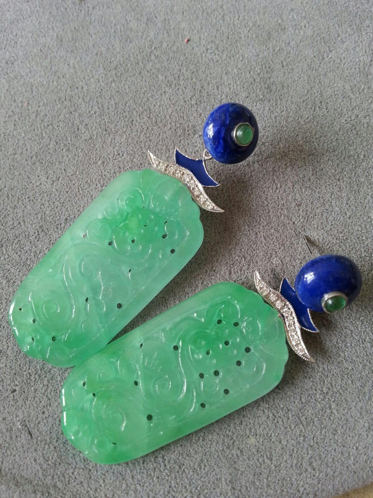 Women's Art Deco Style Jade Gold Lapis Lazuli Diamonds Emeralds Blue Enamel Earrings For Sale