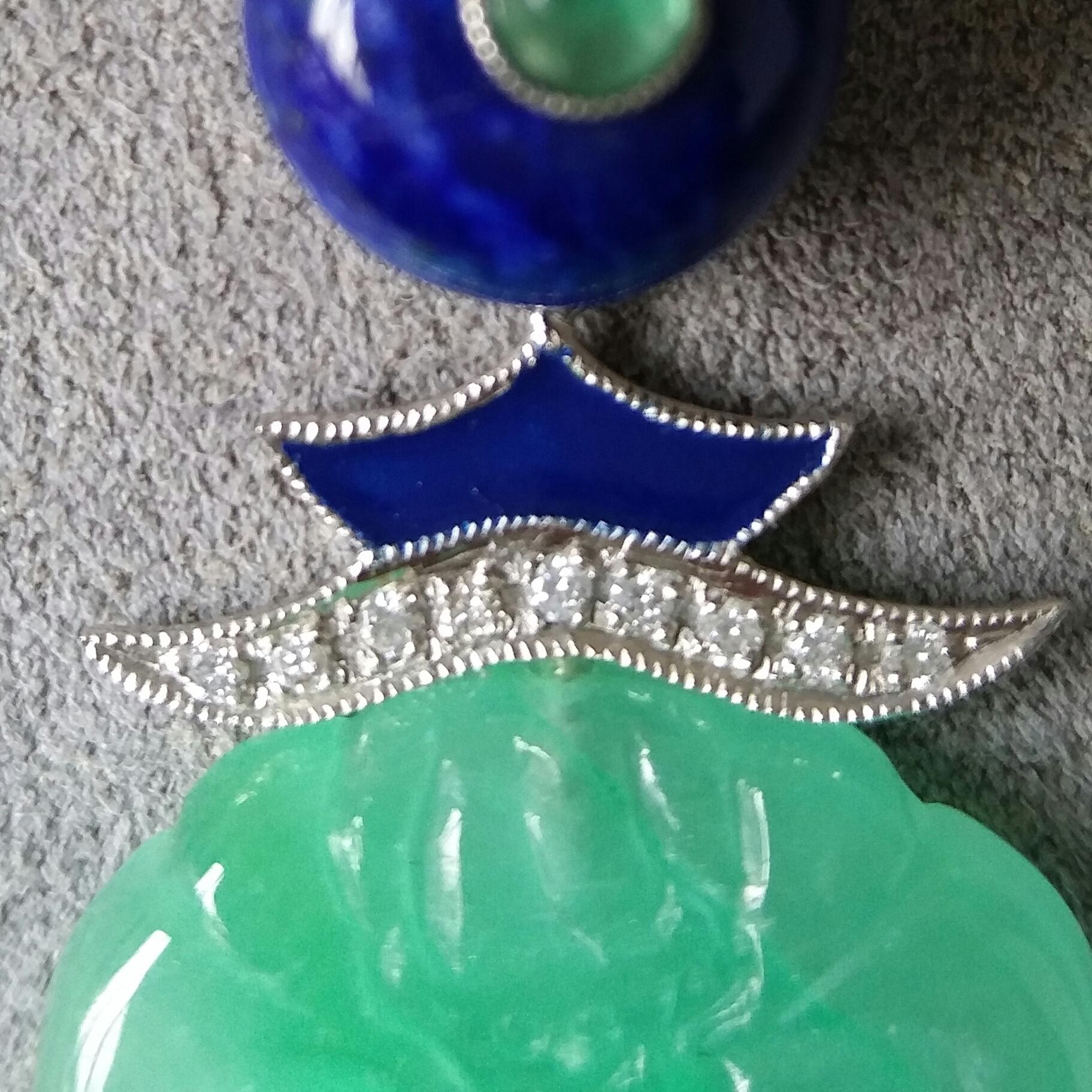 Art Deco Style Jade Gold Lapis Lazuli Diamonds Emeralds Blue Enamel Earrings For Sale 1