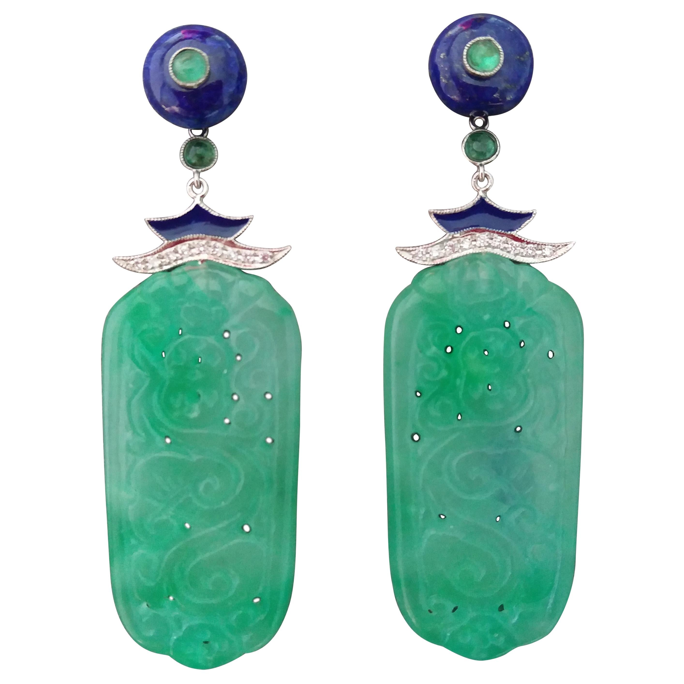 Art Deco Style Jade Gold Lapis Lazuli Diamonds Emeralds Blue Enamel Earrings