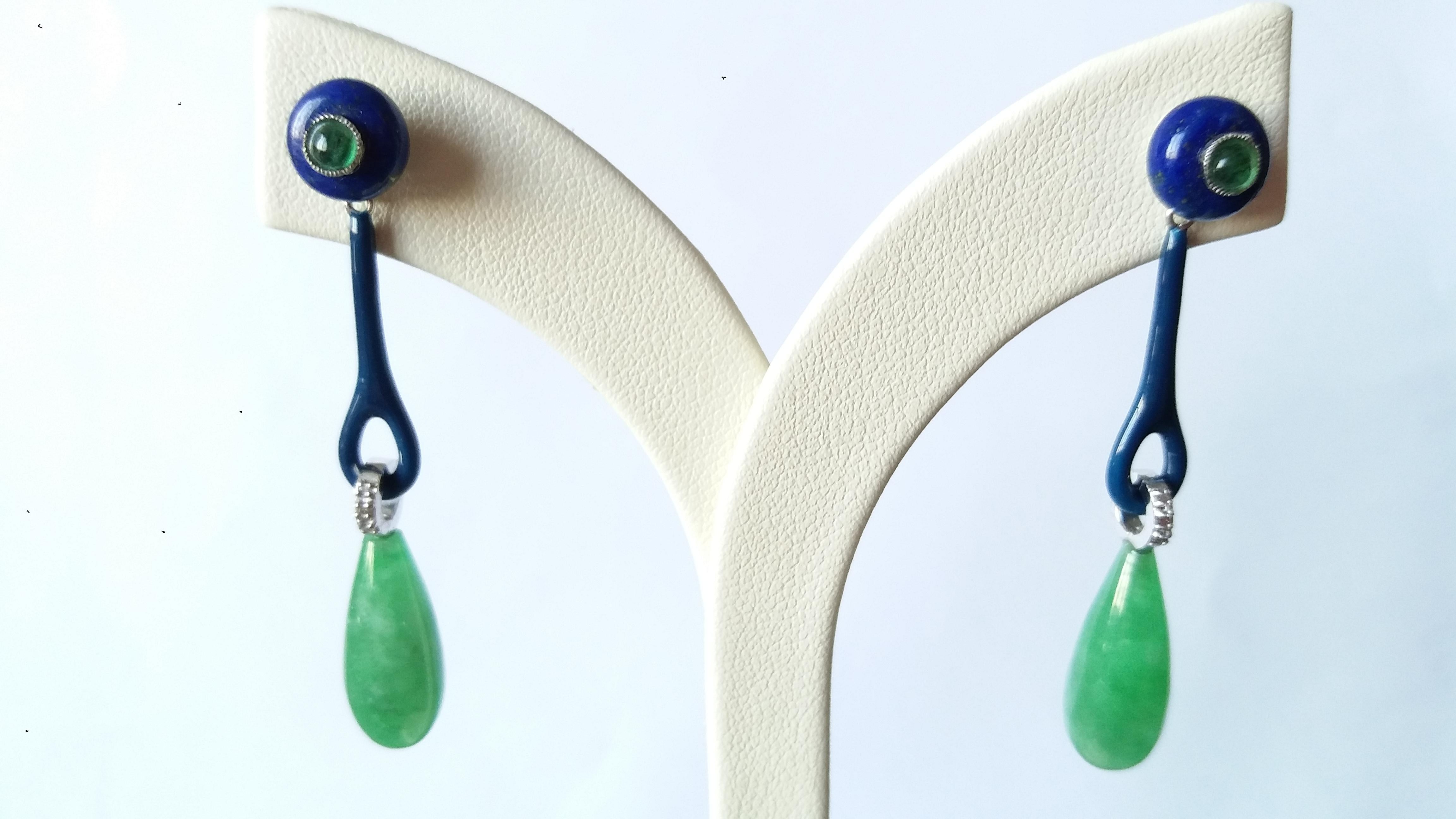 2 Lapis Lazuli  tops with small round emerald cabochons in the center,middle parts of white gold, 6 round full cut diamonds,blue enamel ,2 plain Burma Jade round drops.
Length 51 mm
Width 7 mm
Weight 6 grams
In 1978 our workshop started in Italy to