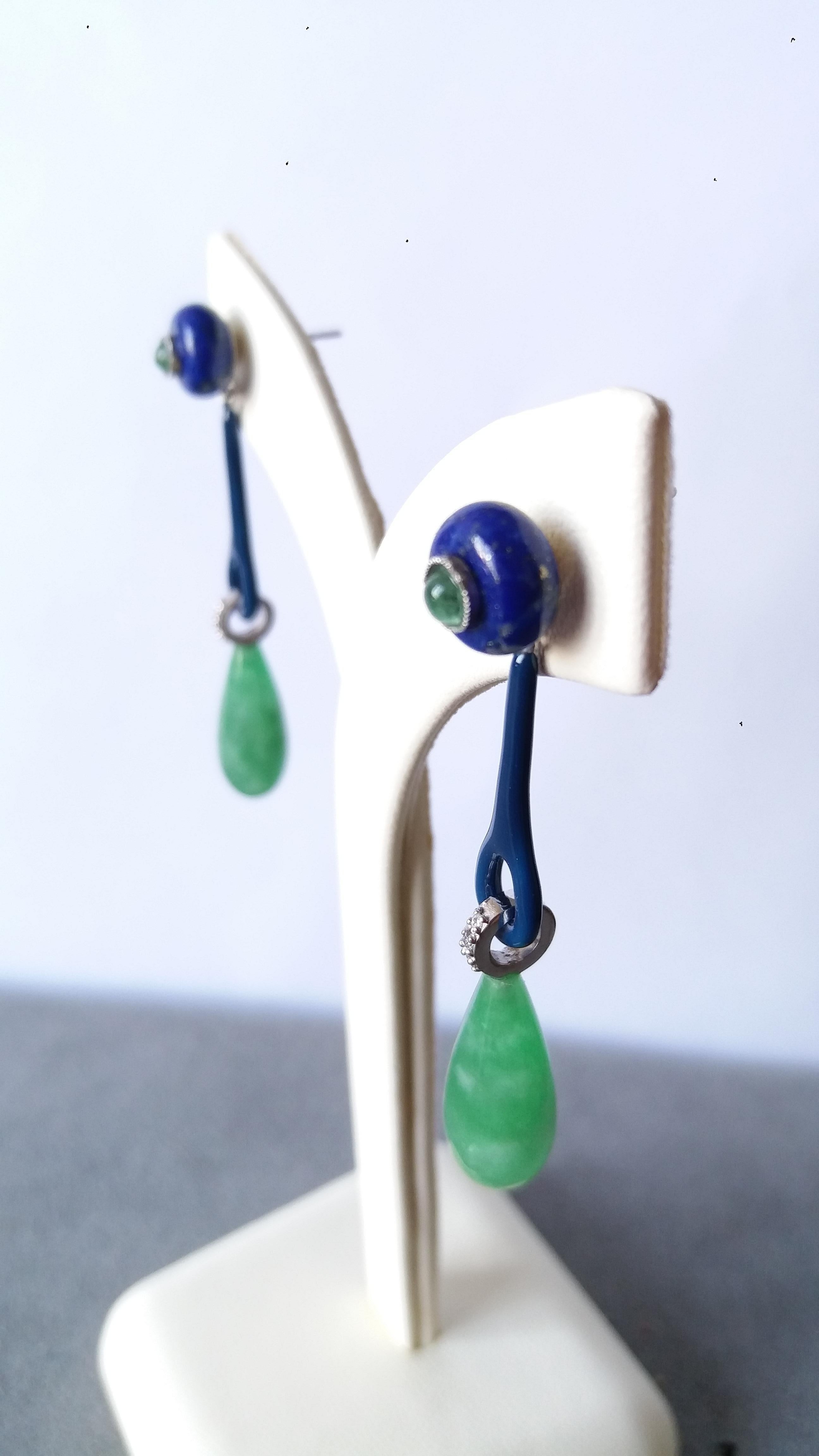 Mixed Cut Art Deco Style Jade Lapis Gold Diamonds Emeralds Blue Enamel Drop Earrings For Sale