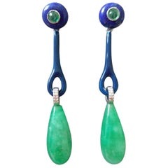 Art Deco Style Jade Lapis Gold Diamonds Emeralds Blue Enamel Drop Earrings
