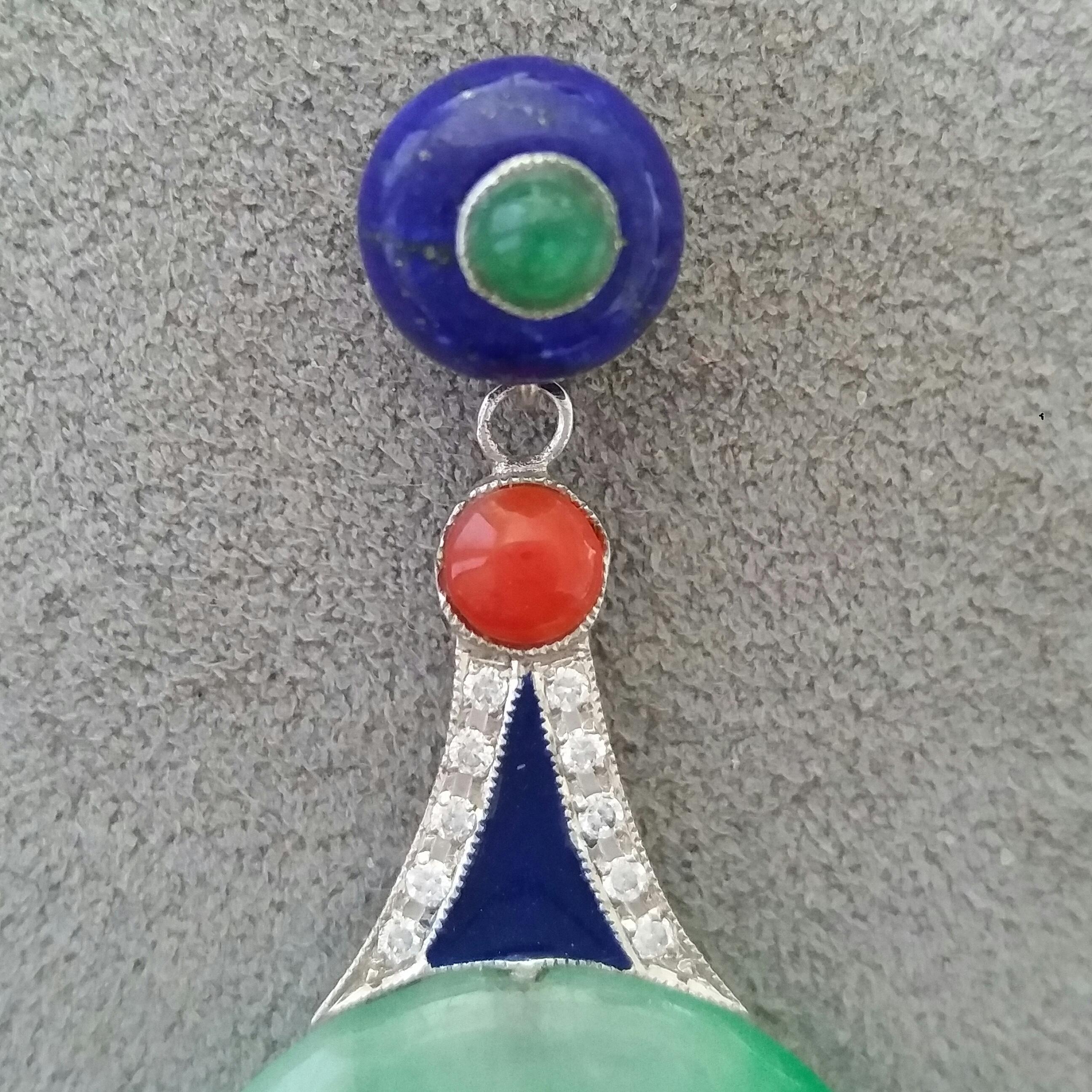 Art Deco Style earrings with round natural Lapis Lazuli buttons with small round Emerald cabochons in the center, middle parts with white gold,full cut round diamonds,natural small coral round cabochons,Blue Enamel,bottom parts have 2 Burma Jade