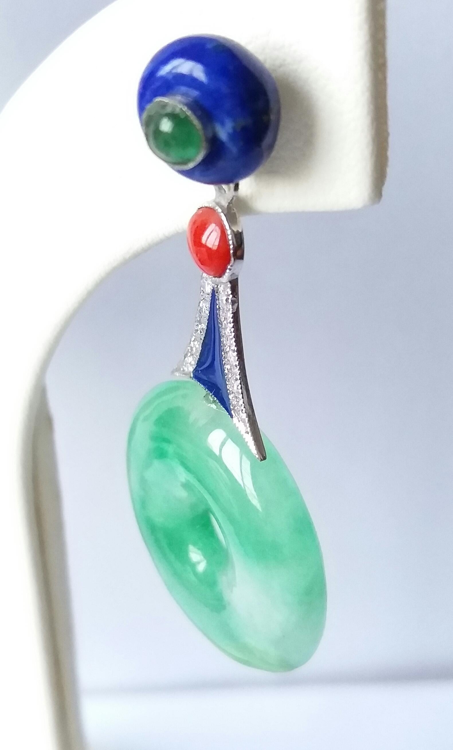 Art Deco Style Jade Lapis Lazuli Emerald Enamel Gold Diamonds Dangle Earrings In Excellent Condition For Sale In Bangkok, TH