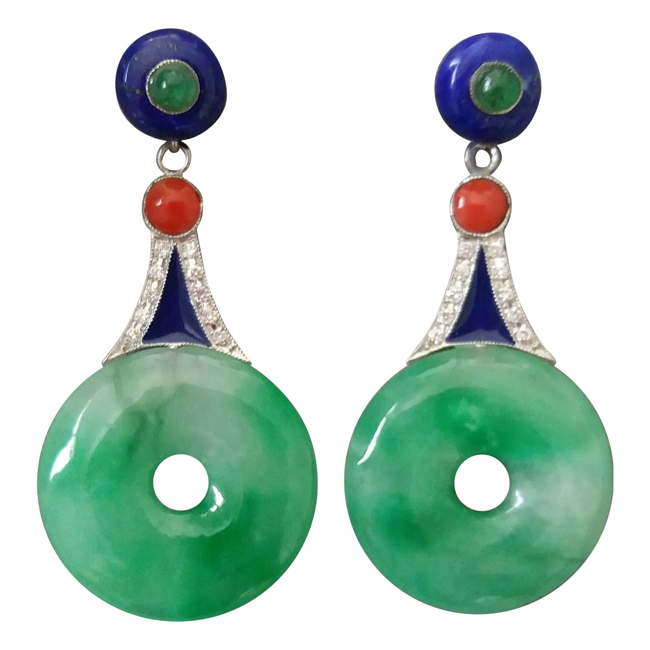 Art Deco Style Jade Lapis Lazuli Emerald Enamel Gold Diamonds Dangle Earrings