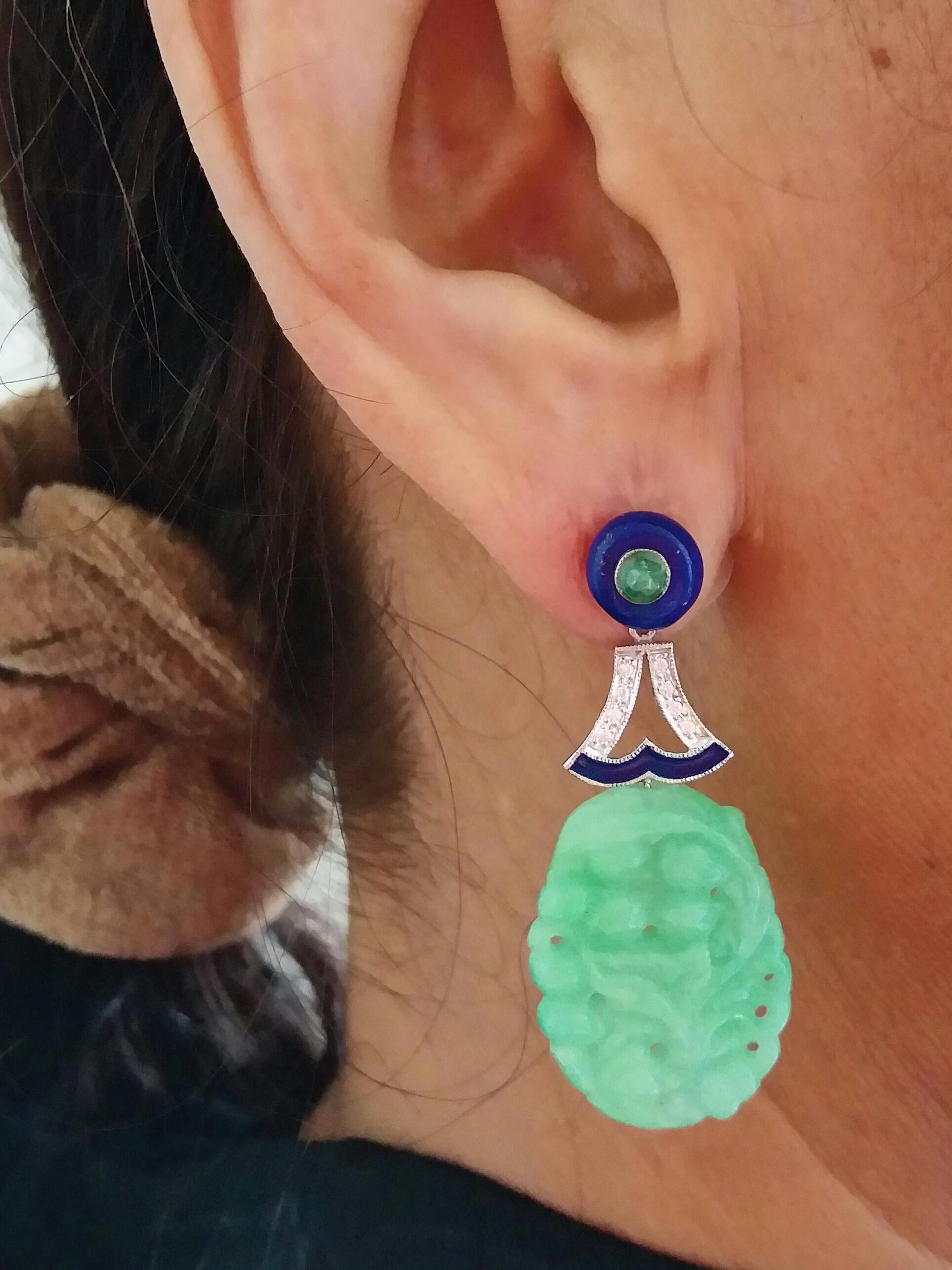 Art Deco Style Jade Lapis Lazuli Emeralds Gold Diamonds Enamel Dangle Earrings In Excellent Condition For Sale In Bangkok, TH