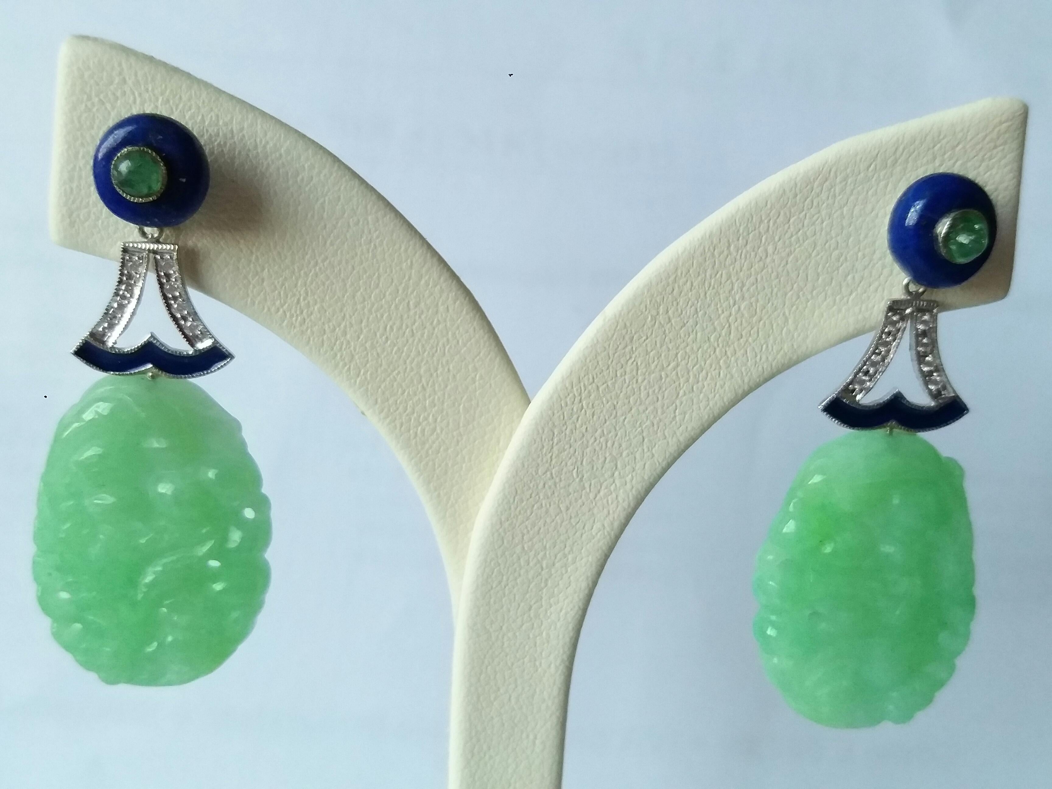 Art Deco Style Jade Lapis Lazuli Emeralds Gold Diamonds Enamel Dangle Earrings For Sale 1