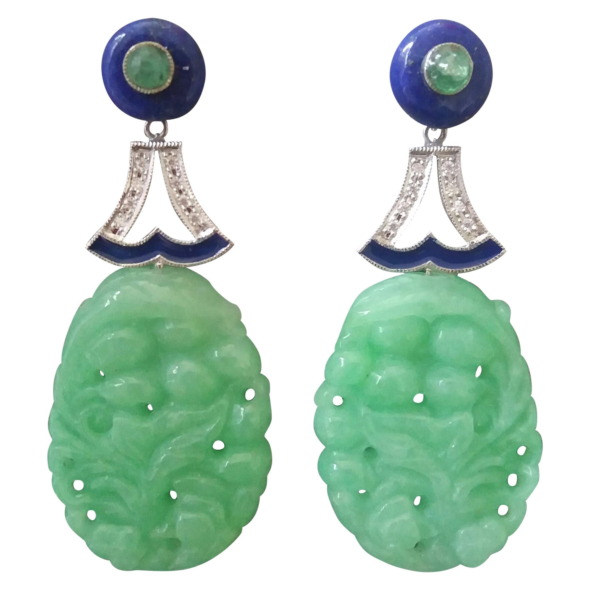 Art Deco Style Jade Lapis Lazuli Emeralds Gold Diamonds Enamel Dangle Earrings