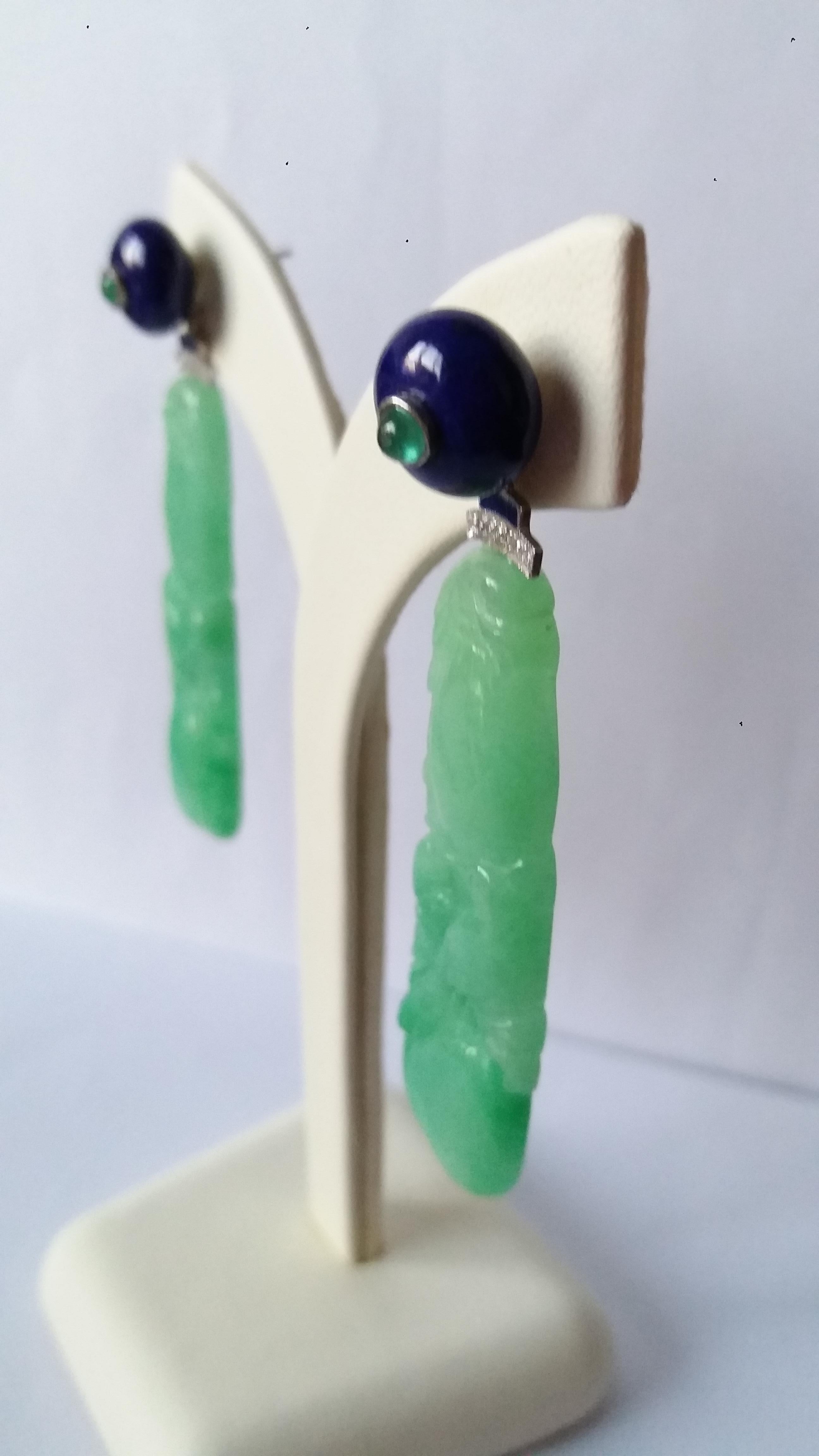 Art Deco Style Carved Jade Lapis Lazuli Gold Diamonds Emeralds Enamel Earrings In Good Condition For Sale In Bangkok, TH