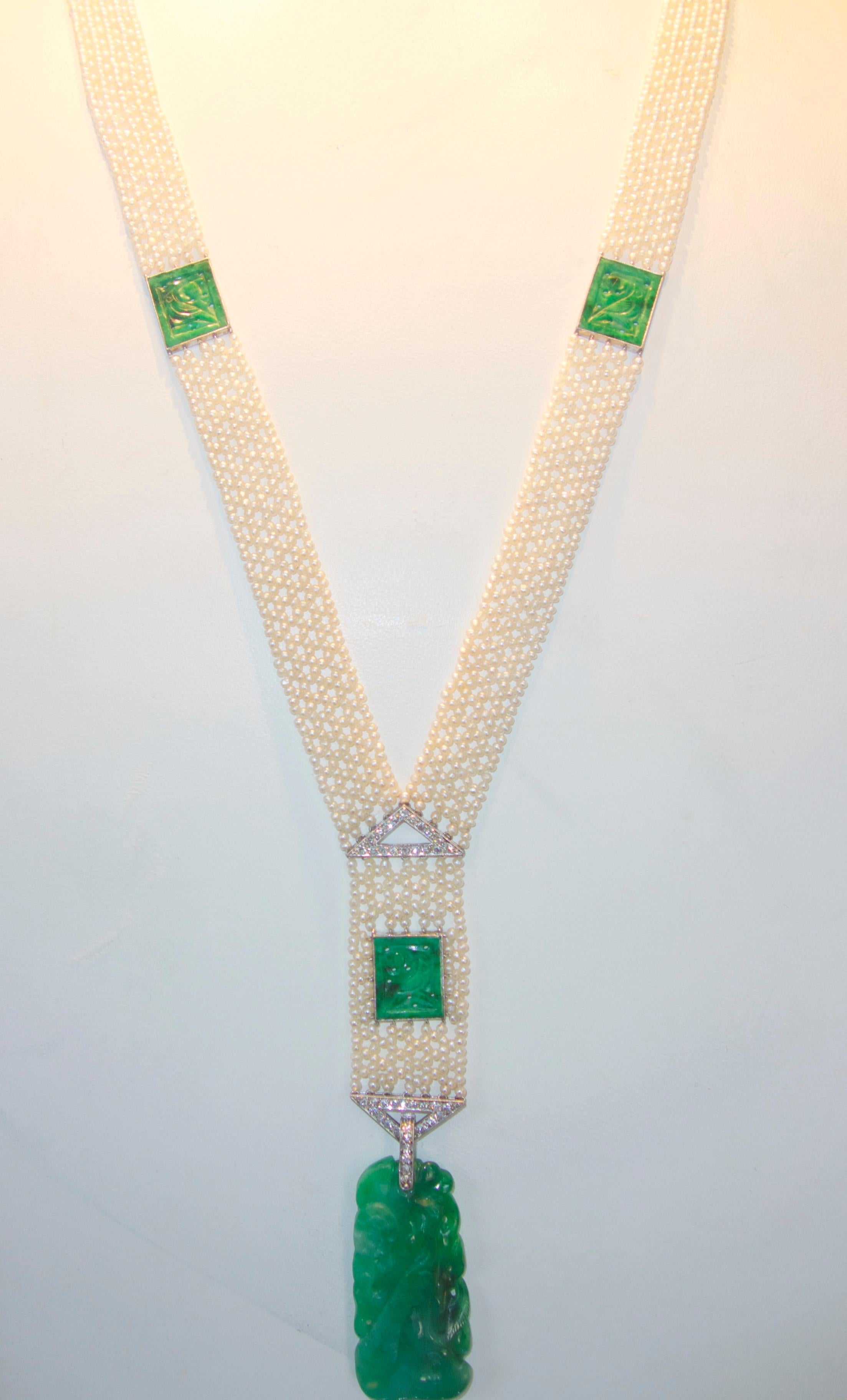 Art Deco Jade, Natural Pearl and Diamond Sautoir In Excellent Condition In Aspen, CO