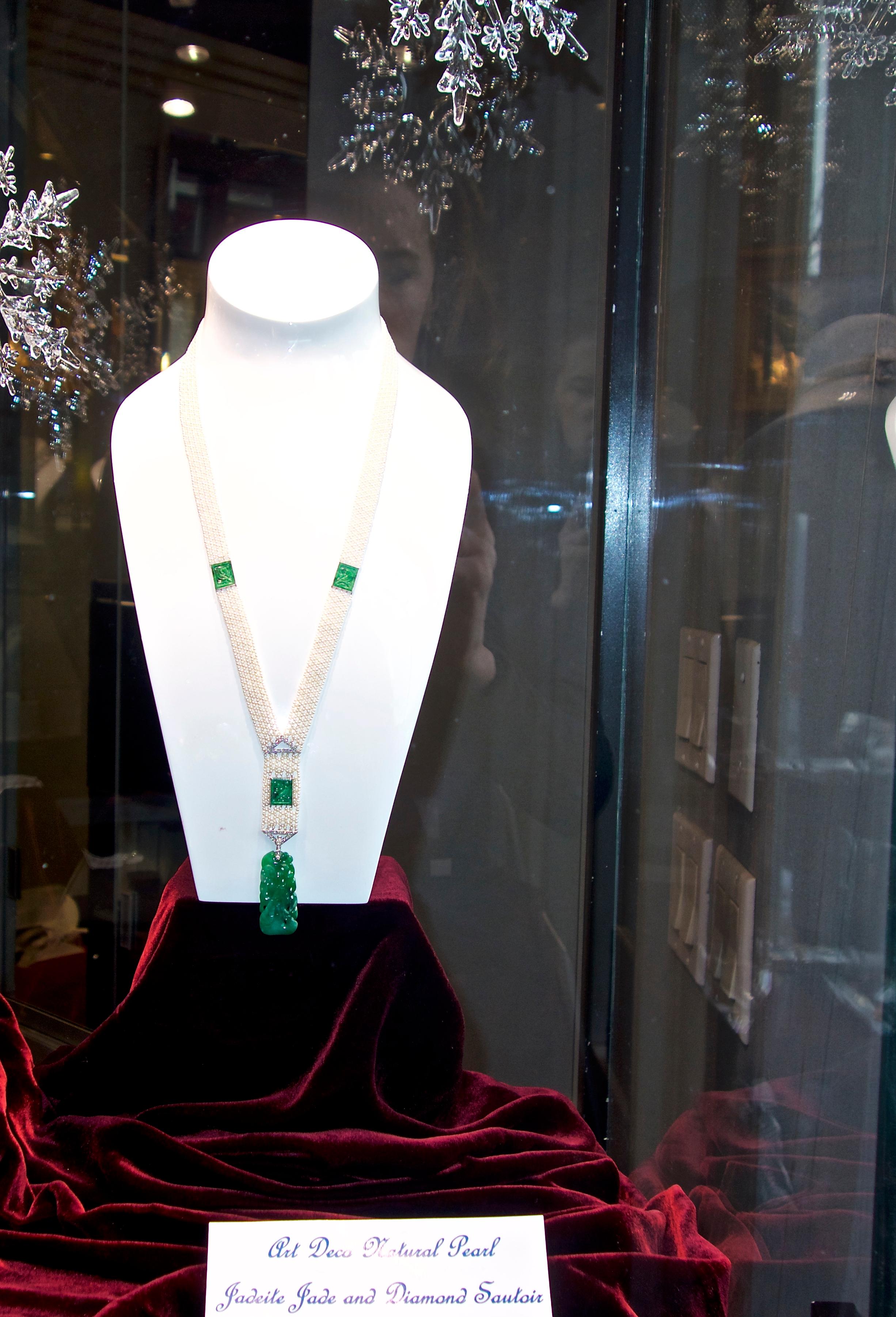 Women's or Men's Art Deco Jade, Natural Pearl and Diamond Sautoir
