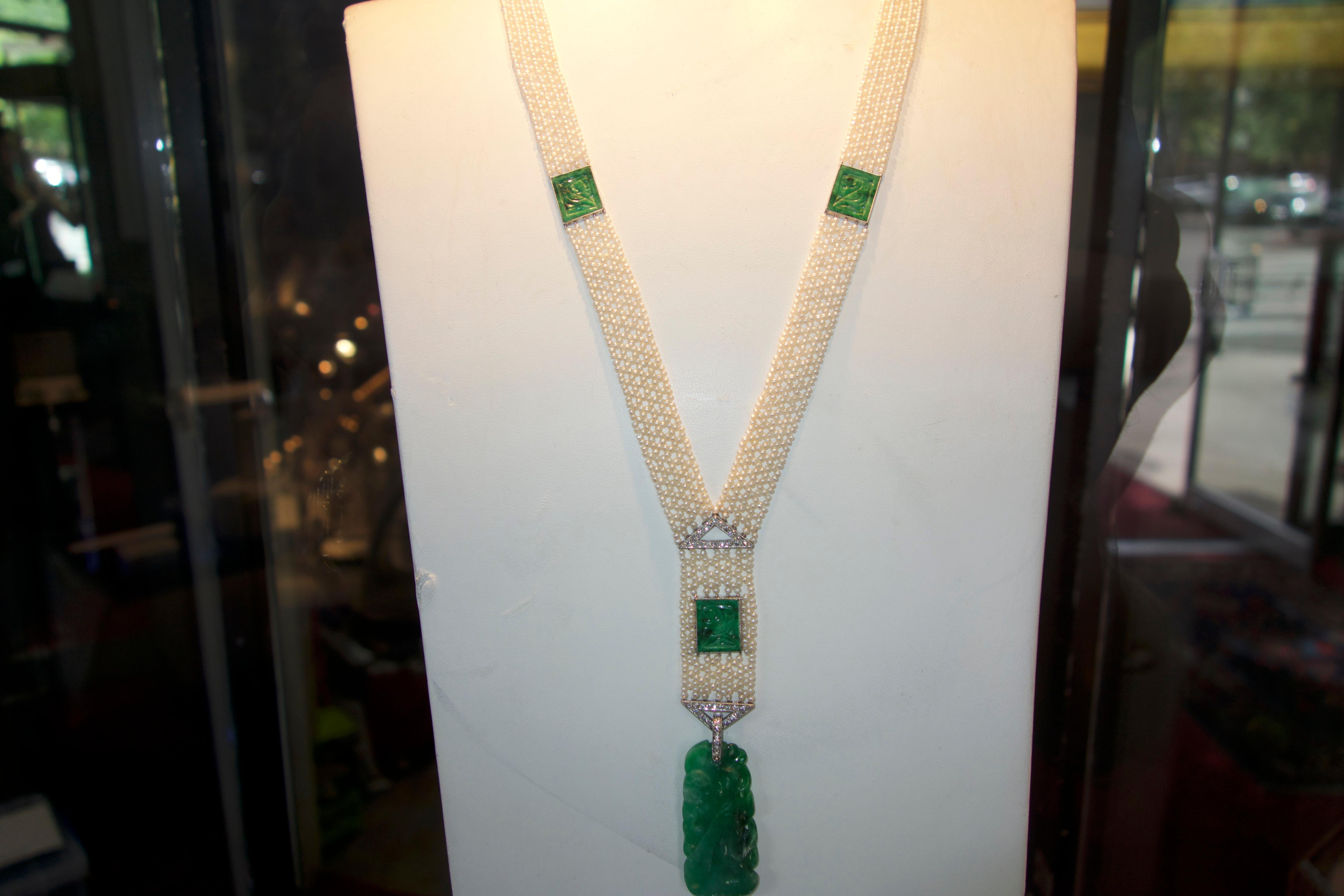Art Deco Jade, Natural Pearl and Diamond Sautoir 1