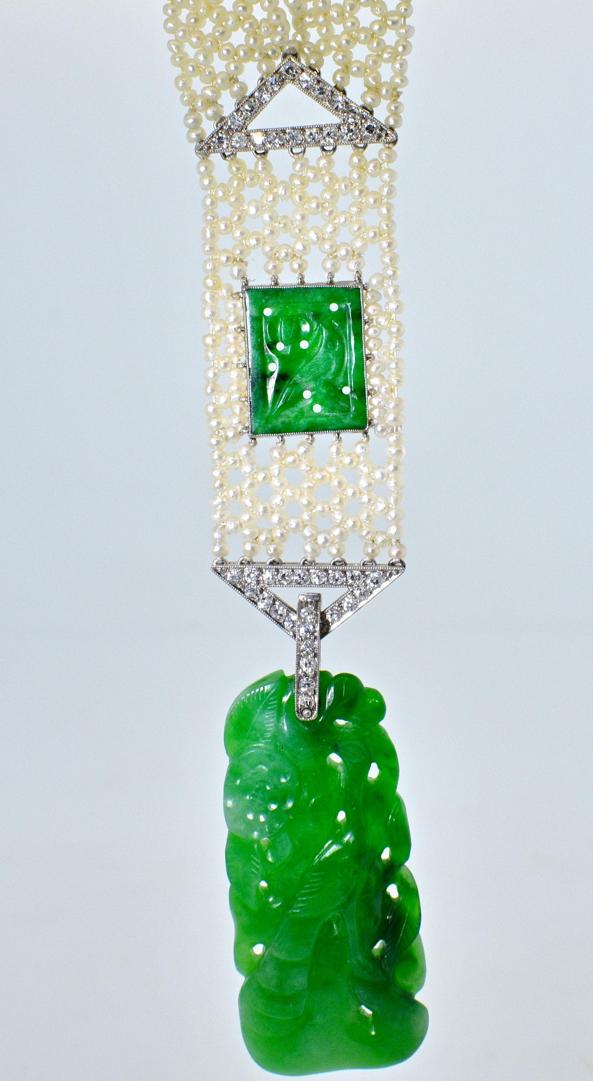 Art Deco Jade, Natural Pearl and Diamond Sautoir 2