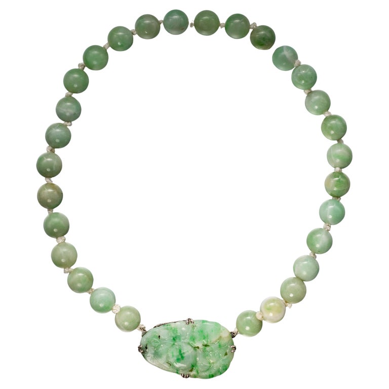 Art Deco Jade Necklace Carved Clasp Certified Untreated For Sale