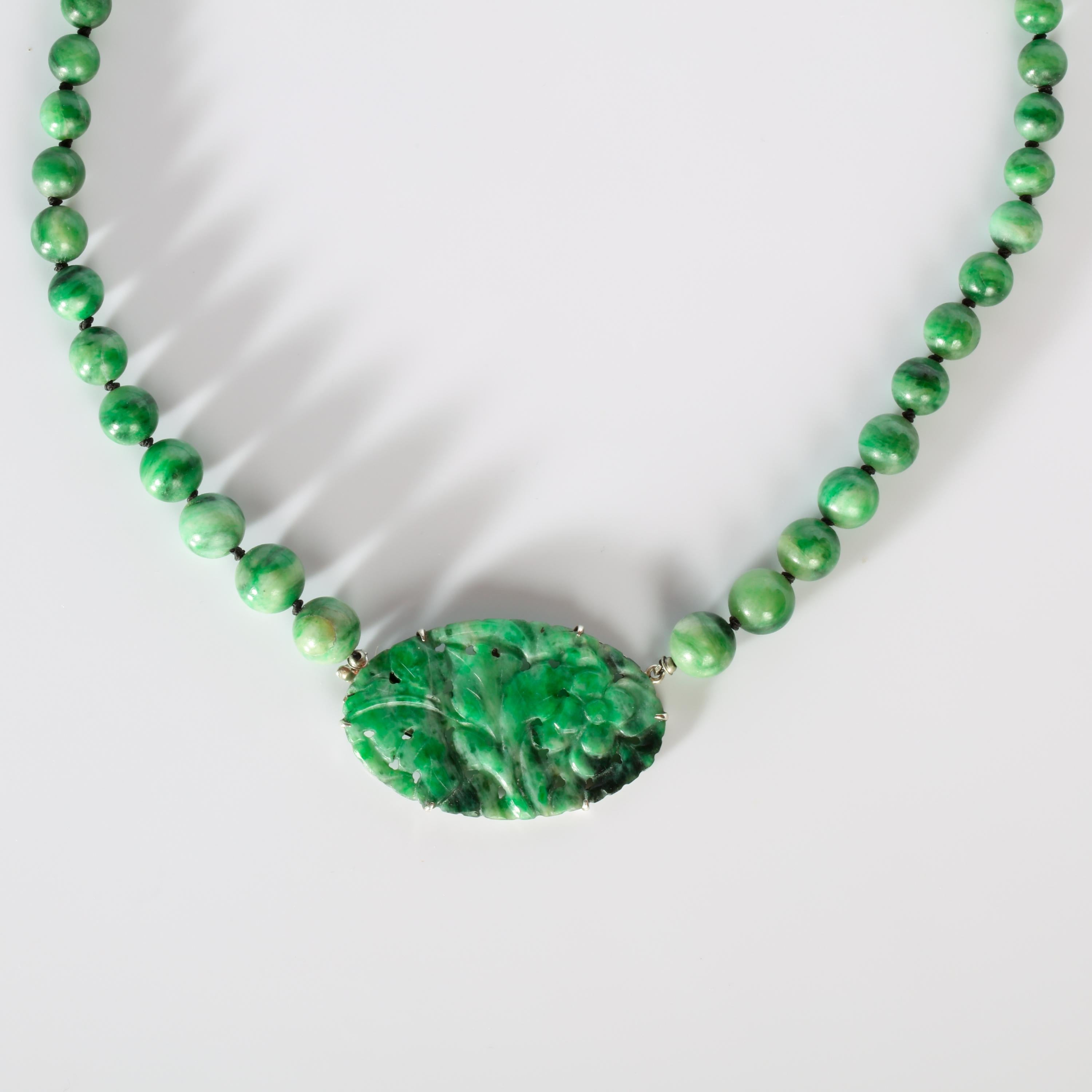 Bead Art Deco Jade Necklace with Carved Plaque, circa 1910