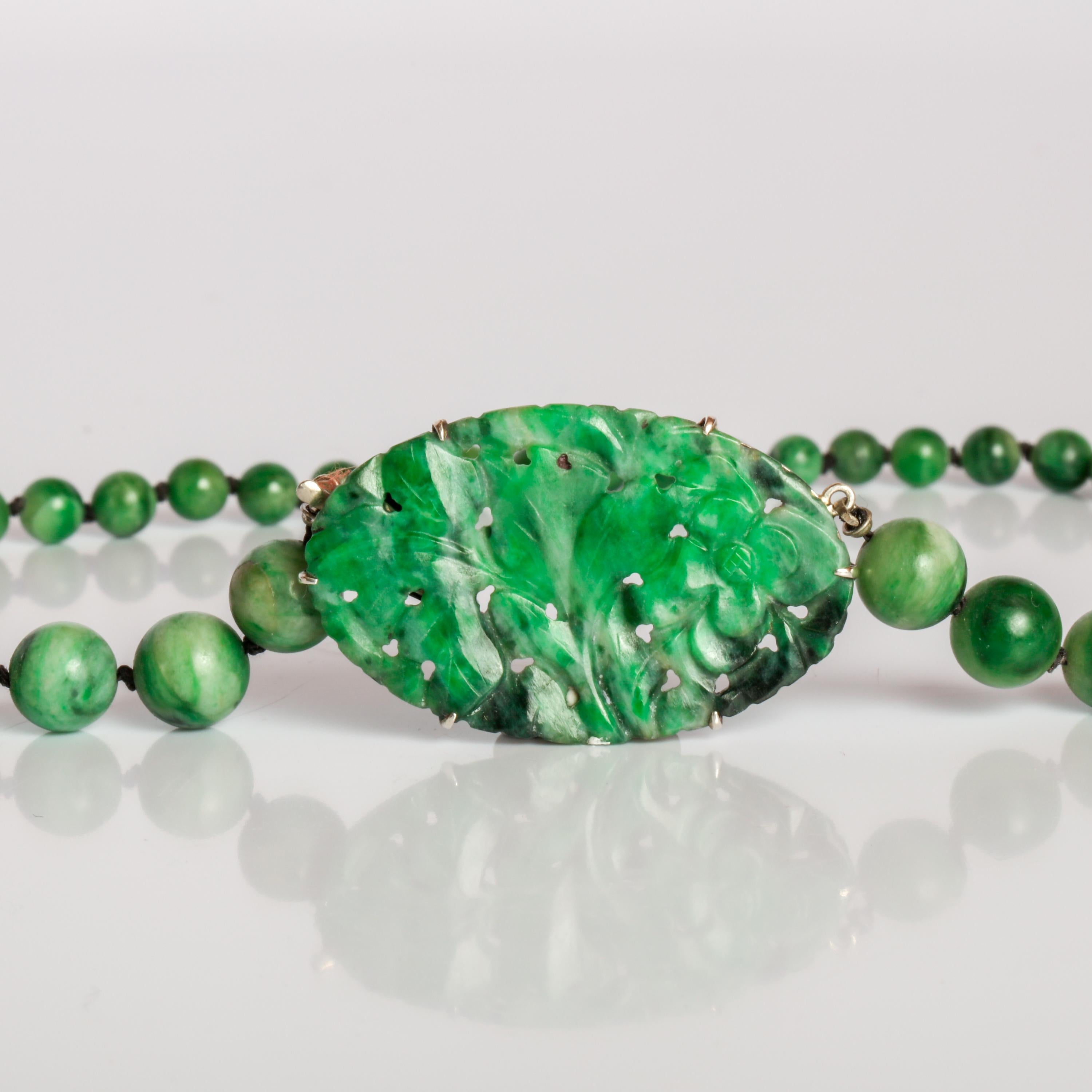 Women's or Men's Art Deco Jade Necklace with Carved Plaque, circa 1910