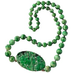 Art Deco Jade Necklace with Carved Plaque, circa 1910