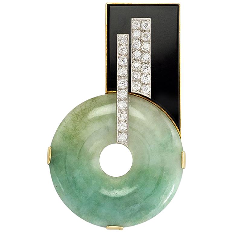 Art Deco Jade, Onyx, and Diamond Brooch of Geometric Design in Platinum and Gold