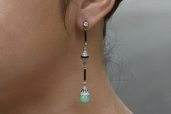 Antique Art Deco Jade Onyx & Diamond Long Dangle Earrings