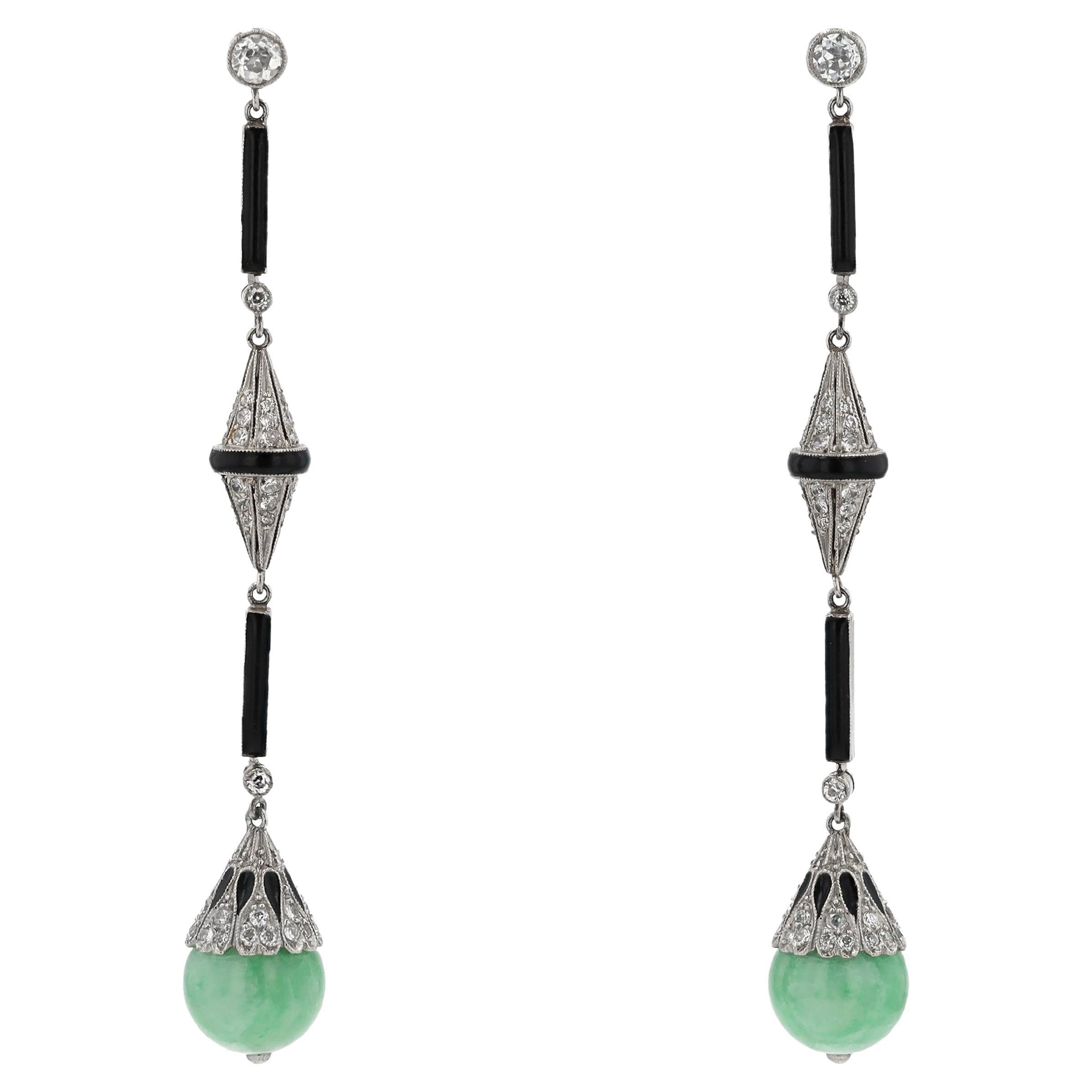 Antique Art Deco Jade Onyx & Diamond Long Dangle Earrings For Sale
