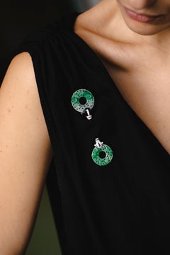 Art Deco Jade Onyx Platinum Diamonds Jabot Brooch Pin Cellini NYC, 1925