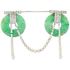 Art Deco Jade Pearl 1.44 Carat Diamond Platinum Bi Jabot Brooch