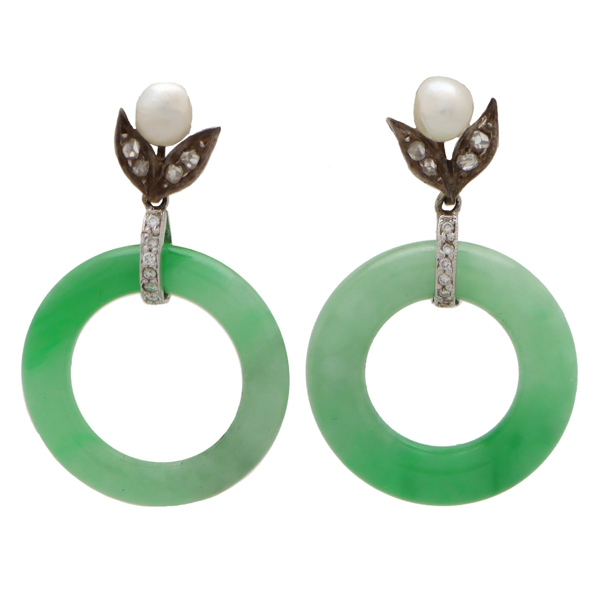 Art Deco Jade, Pearl and Diamond Drop Earrings Set in Silver-on-Gold 1