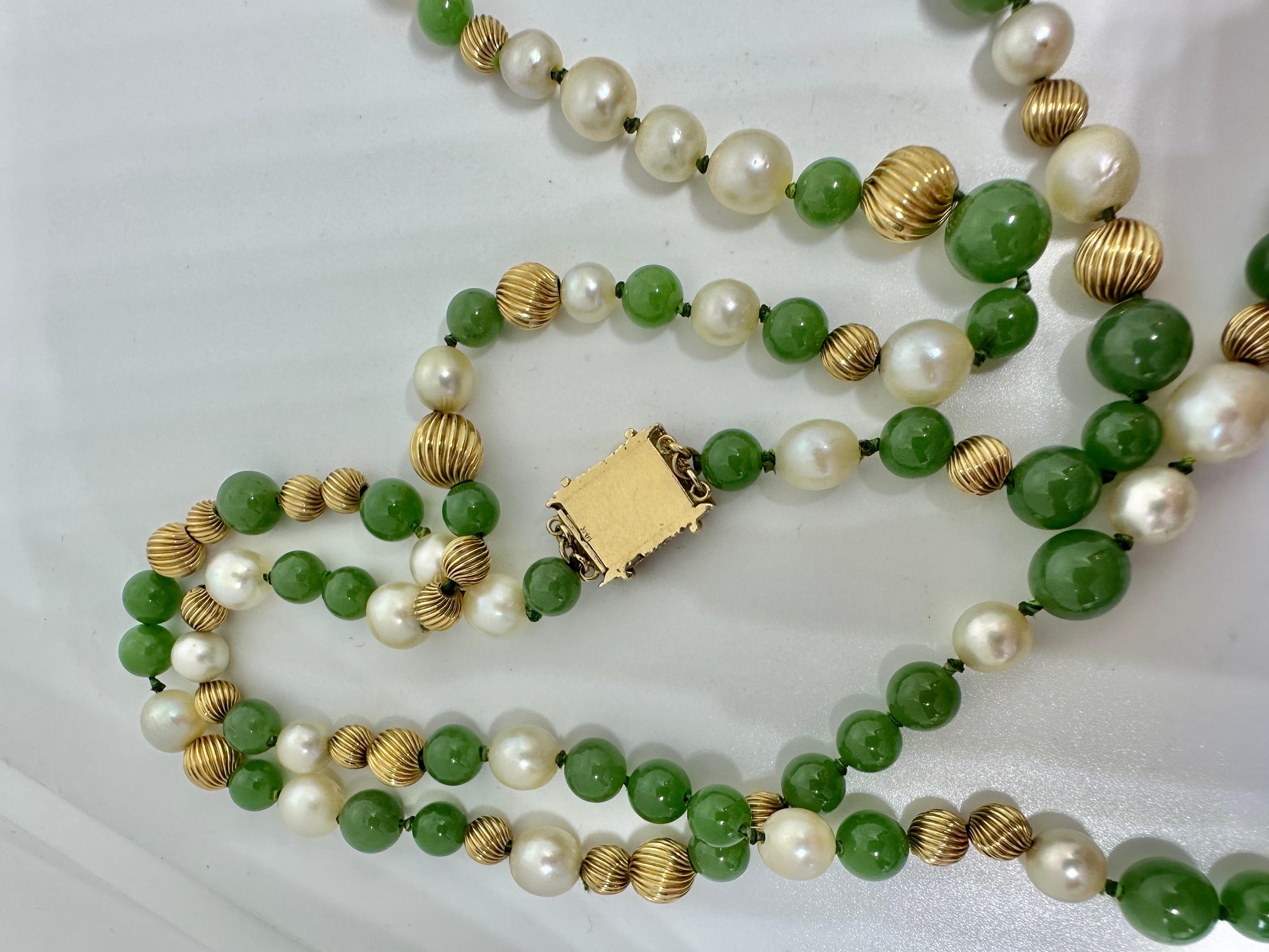 Art Deco Jade Pearl Necklace 51 Inches 14 Karat Yellow Gold 10mm Jade Beads For Sale 6