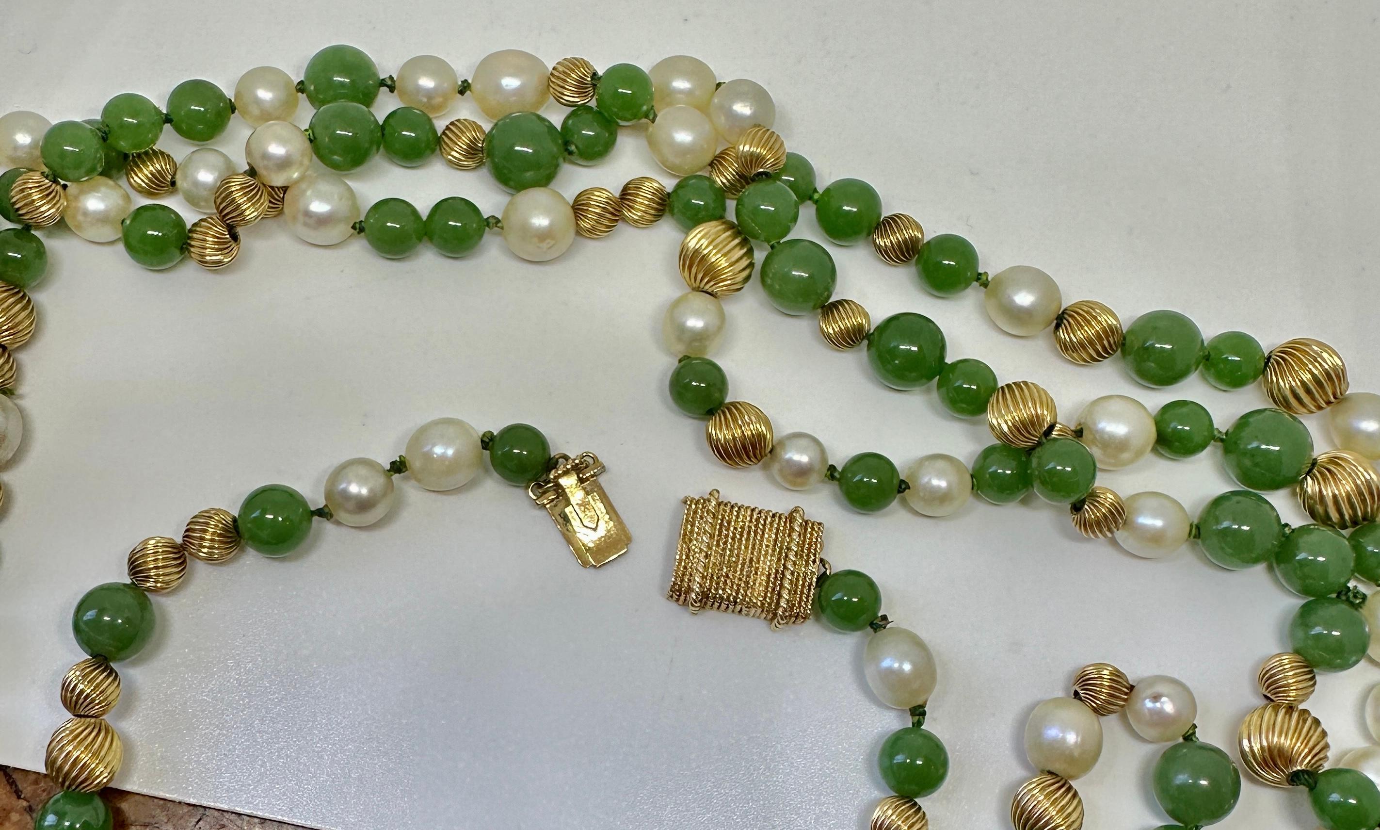 Art Deco Jade Pearl Necklace 51 Inches 14 Karat Yellow Gold 10mm Jade Beads For Sale 7