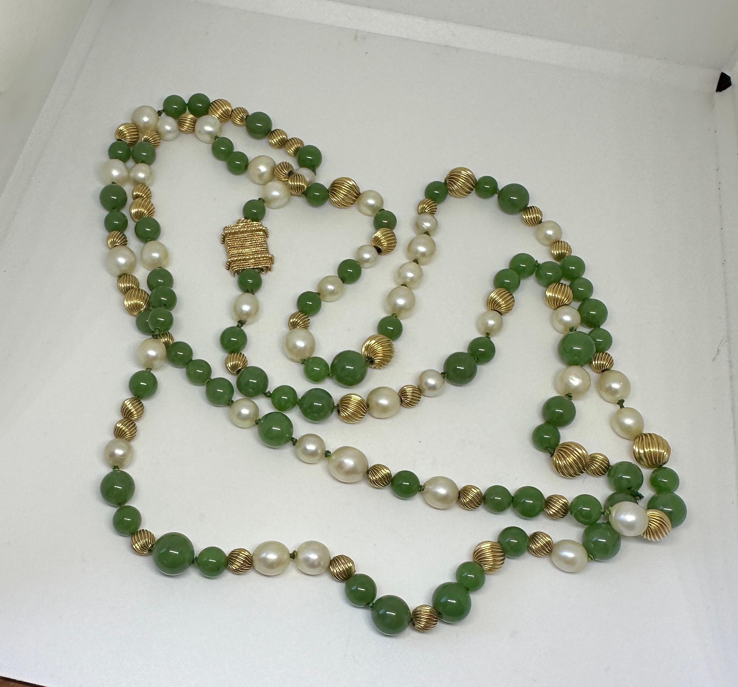Women's or Men's Art Deco Jade Pearl Necklace 51 Inches 14 Karat Yellow Gold 10mm Jade Beads For Sale