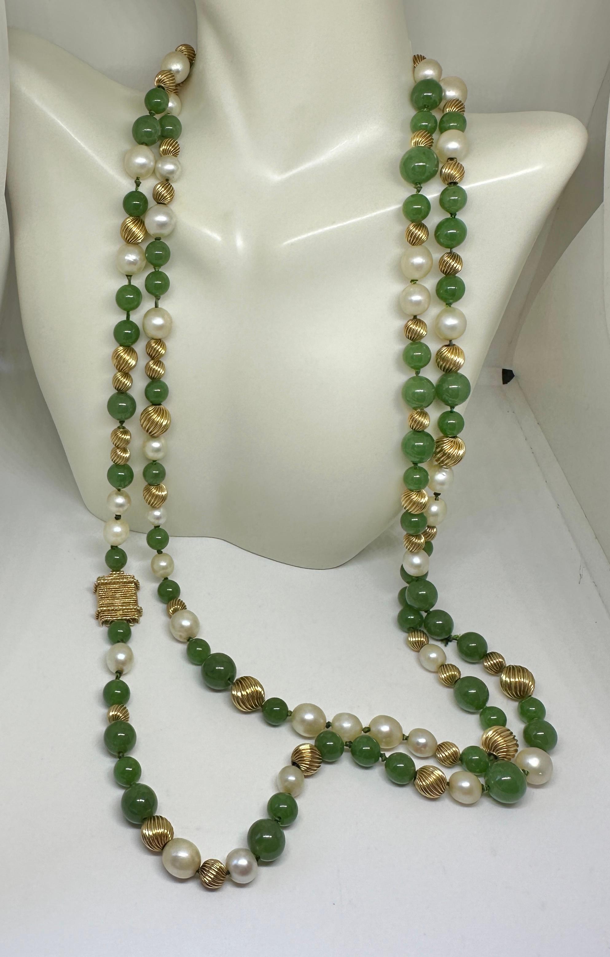 Art Deco Jade Pearl Necklace 51 Inches 14 Karat Yellow Gold 10mm Jade Beads For Sale 1
