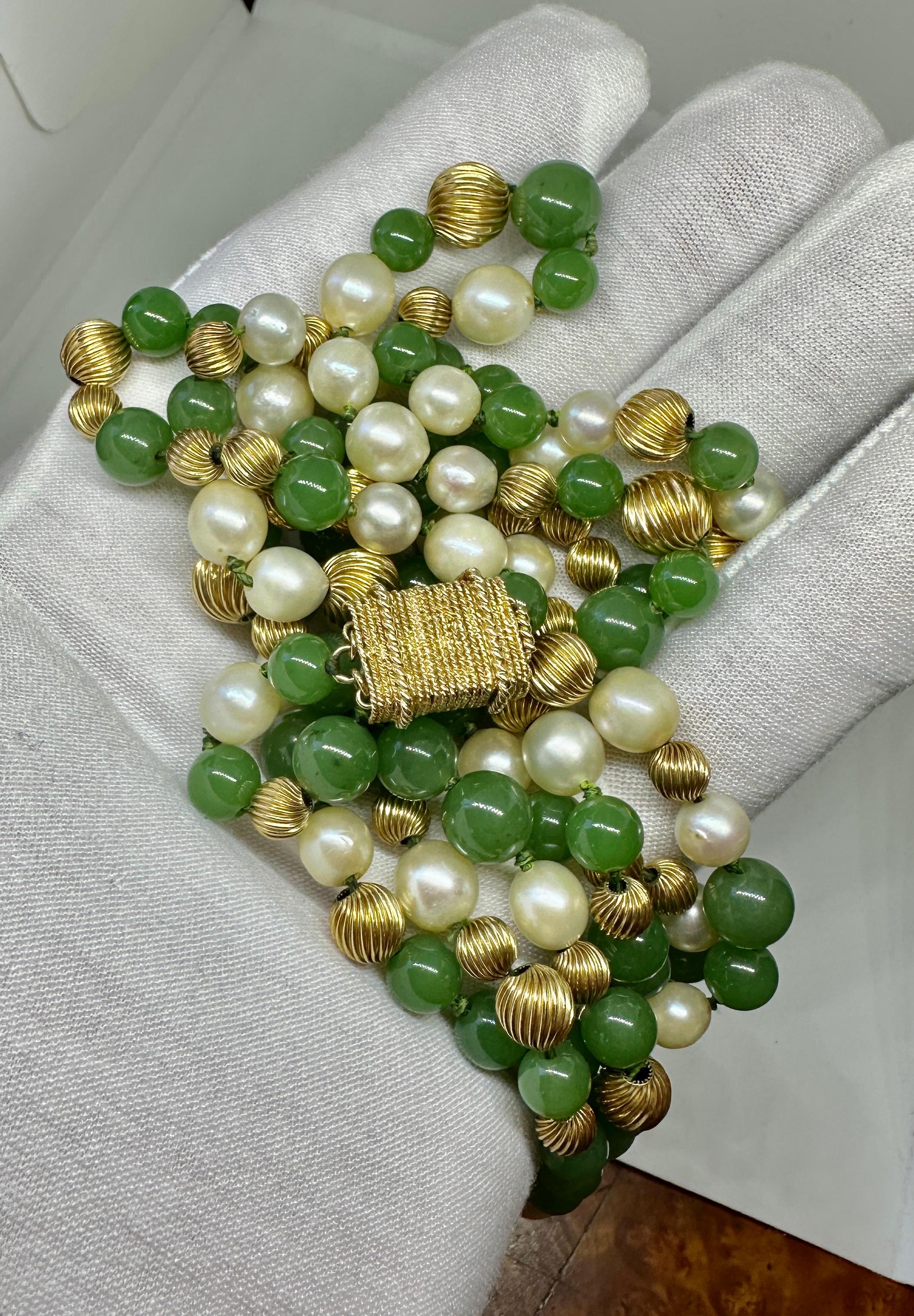 Art Deco Jade Pearl Necklace 51 Inches 14 Karat Yellow Gold 10mm Jade Beads For Sale 2