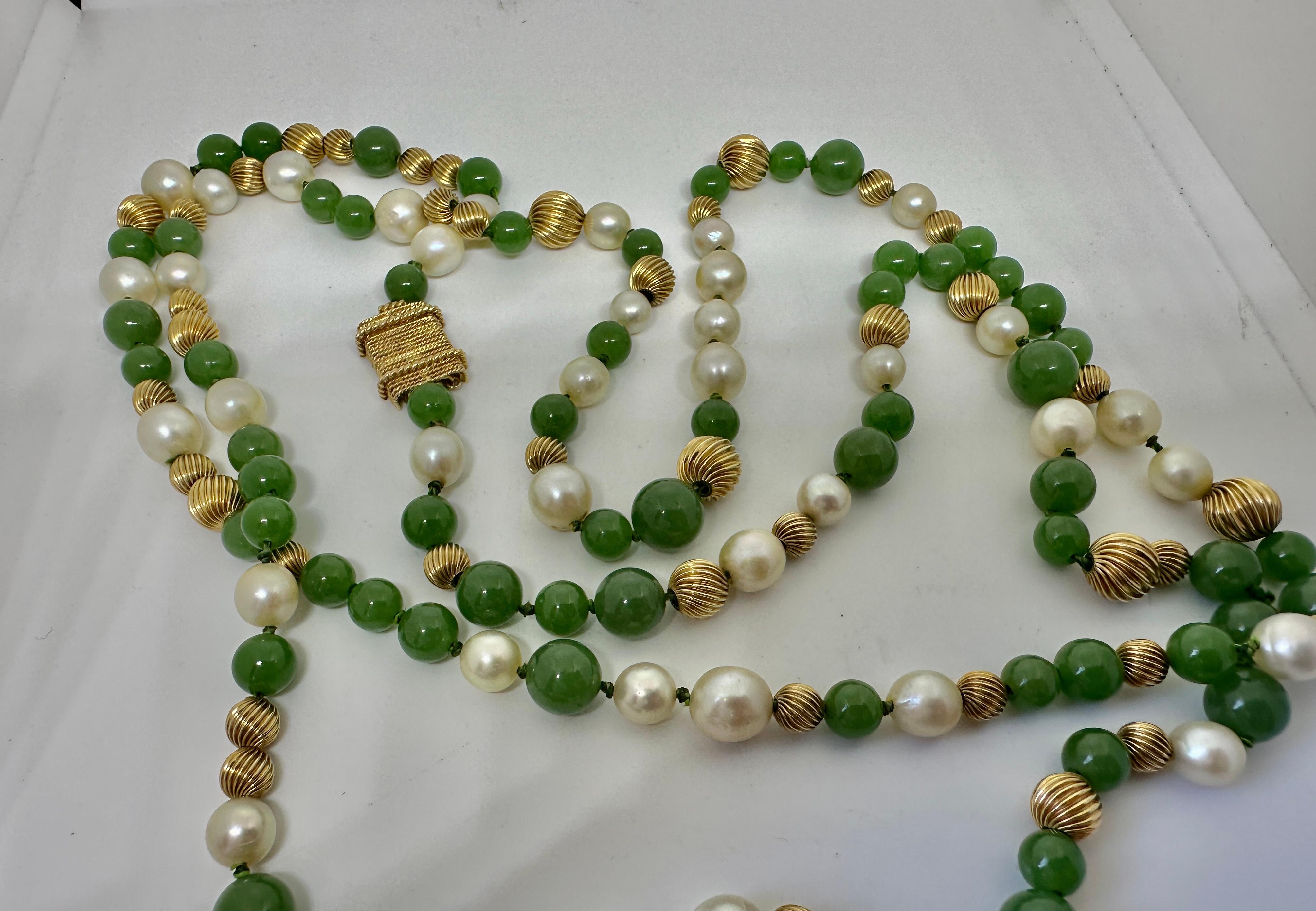 Art Deco Jade Pearl Necklace 51 Inches 14 Karat Yellow Gold 10mm Jade Beads For Sale 3