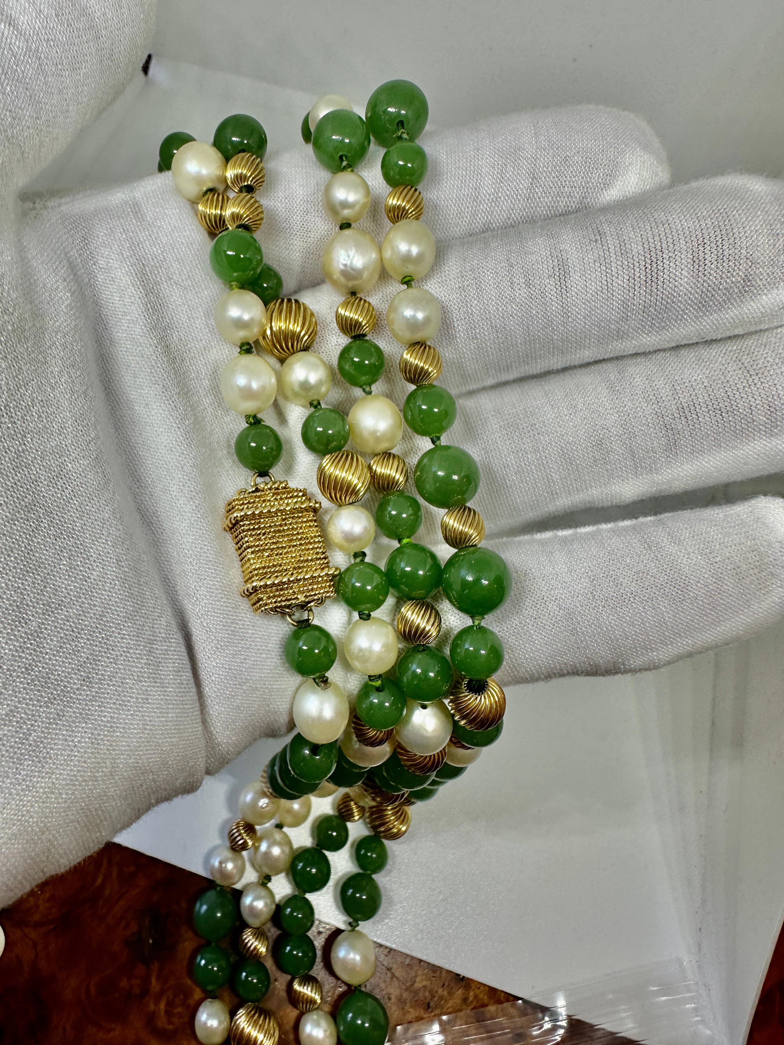 Art Deco Jade Pearl Necklace 51 Inches 14 Karat Yellow Gold 10mm Jade Beads For Sale 5