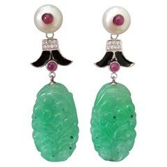 Art Deco Style Jade Pearls Ruby Gold Diamonds Black Enamel Dangle Earrings
