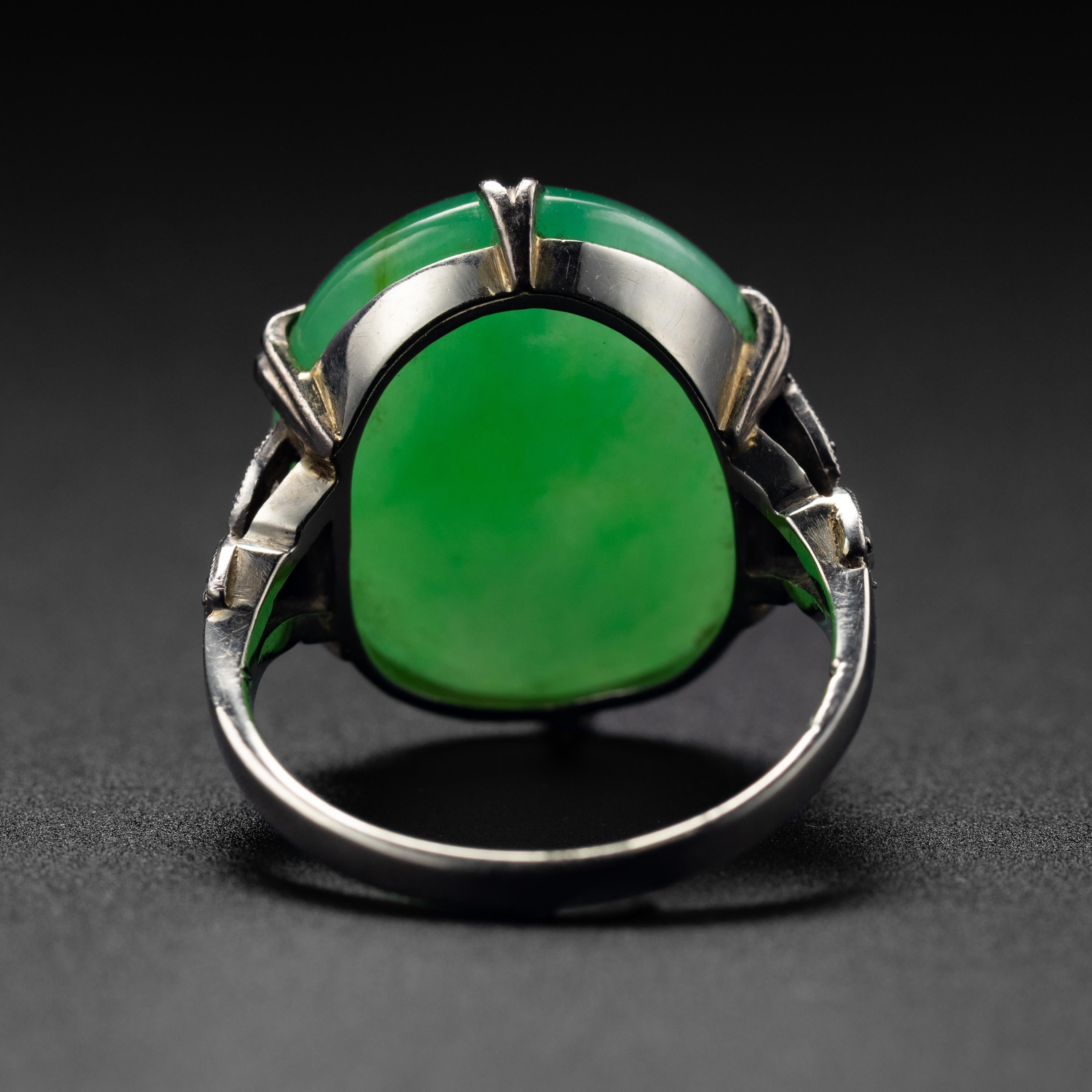 Art Deco Jade Ring Glassy Apple Green Certified Untreated In Excellent Condition In Southbury, CT