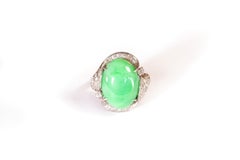 Art Deco Jade Ring in White Gold 14 Karats, Jade Jadeite Type a Ring