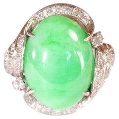 Art Deco Jade Ring in White Gold 14 Karats, Jade Jadeite Type a Ring