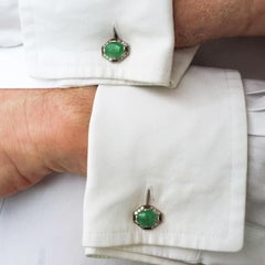 Art Deco Platinum Cufflinks with Jade, Ruby, and Diamond, Circa 1920