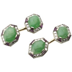 Art Deco Jade, Ruby and Diamond Cufflinks, circa 1920