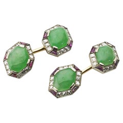 Art Deco Platinum Cufflinks with Jade, Ruby, and Diamond, Circa 1920