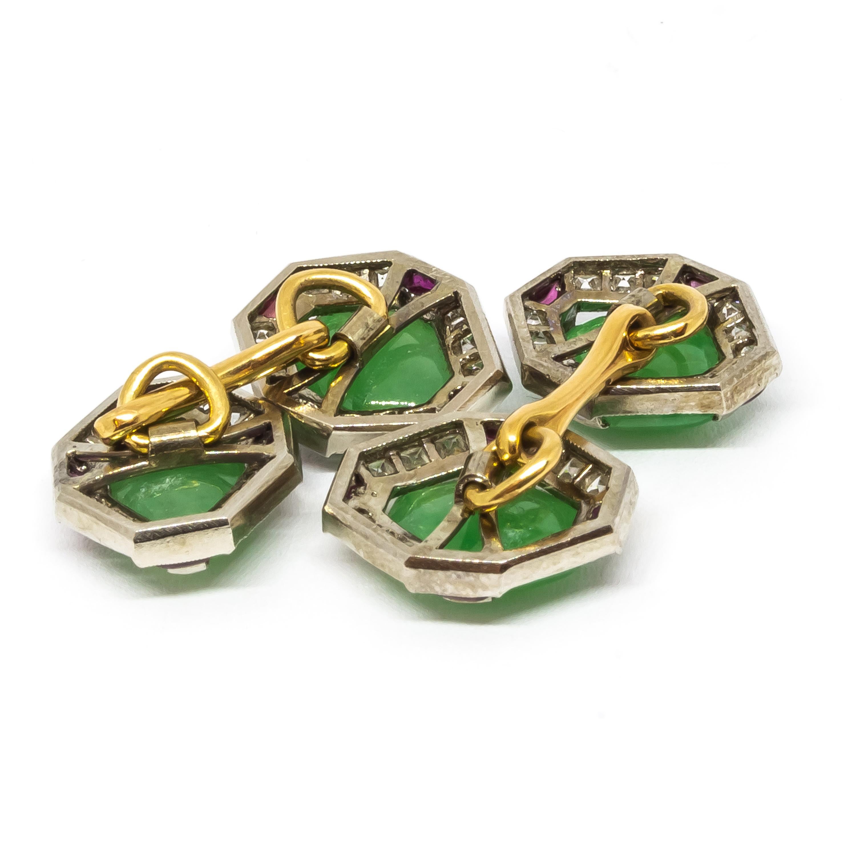 Art Deco Manschettenknöpfe aus Jade, Rubin und Diamanten im Zustand „Gut“ im Angebot in London, GB