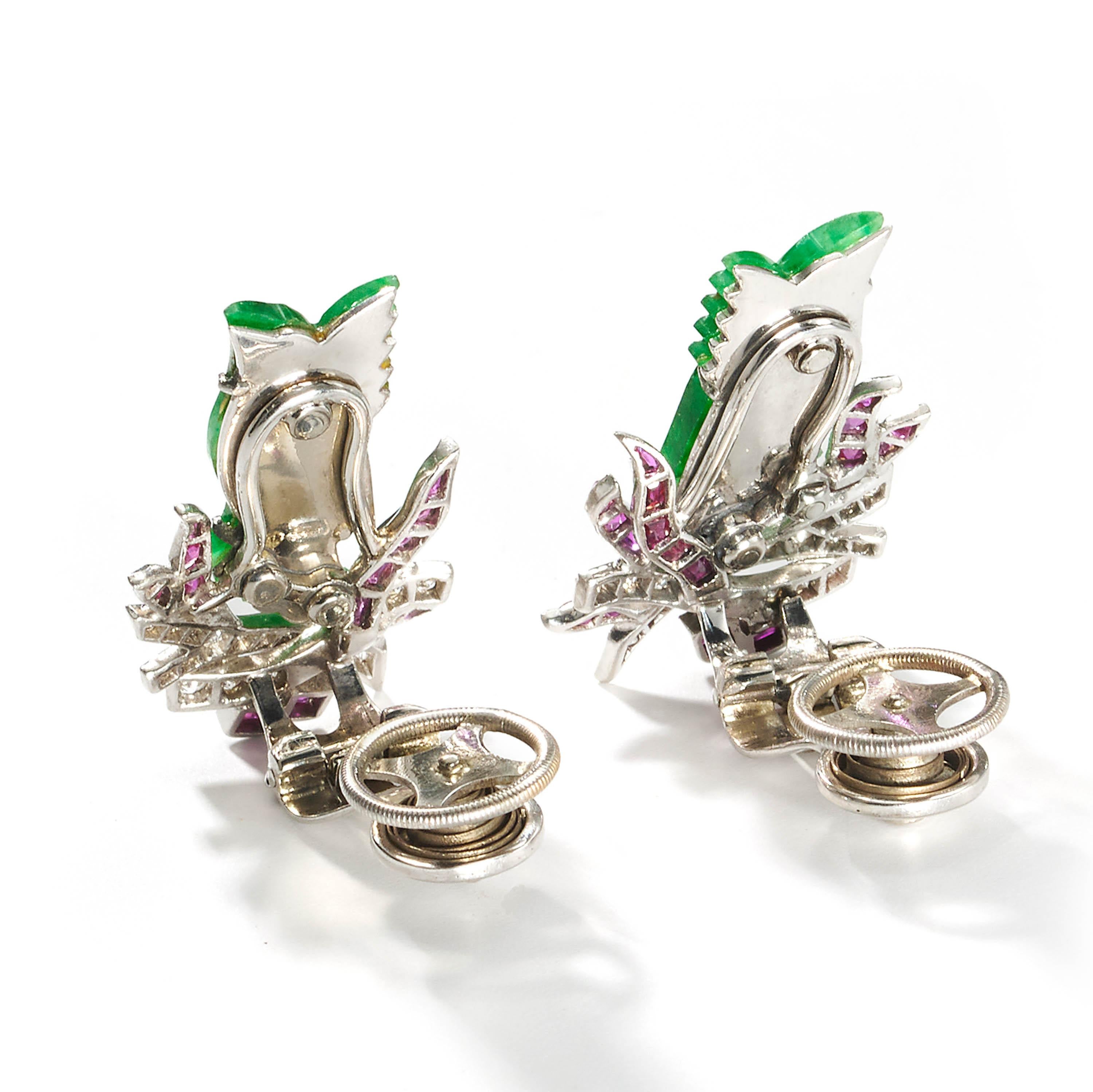 Round Cut Art Deco Jade, Ruby, Diamond and Platinum Phoenix Earrings, Circa 1920 For Sale
