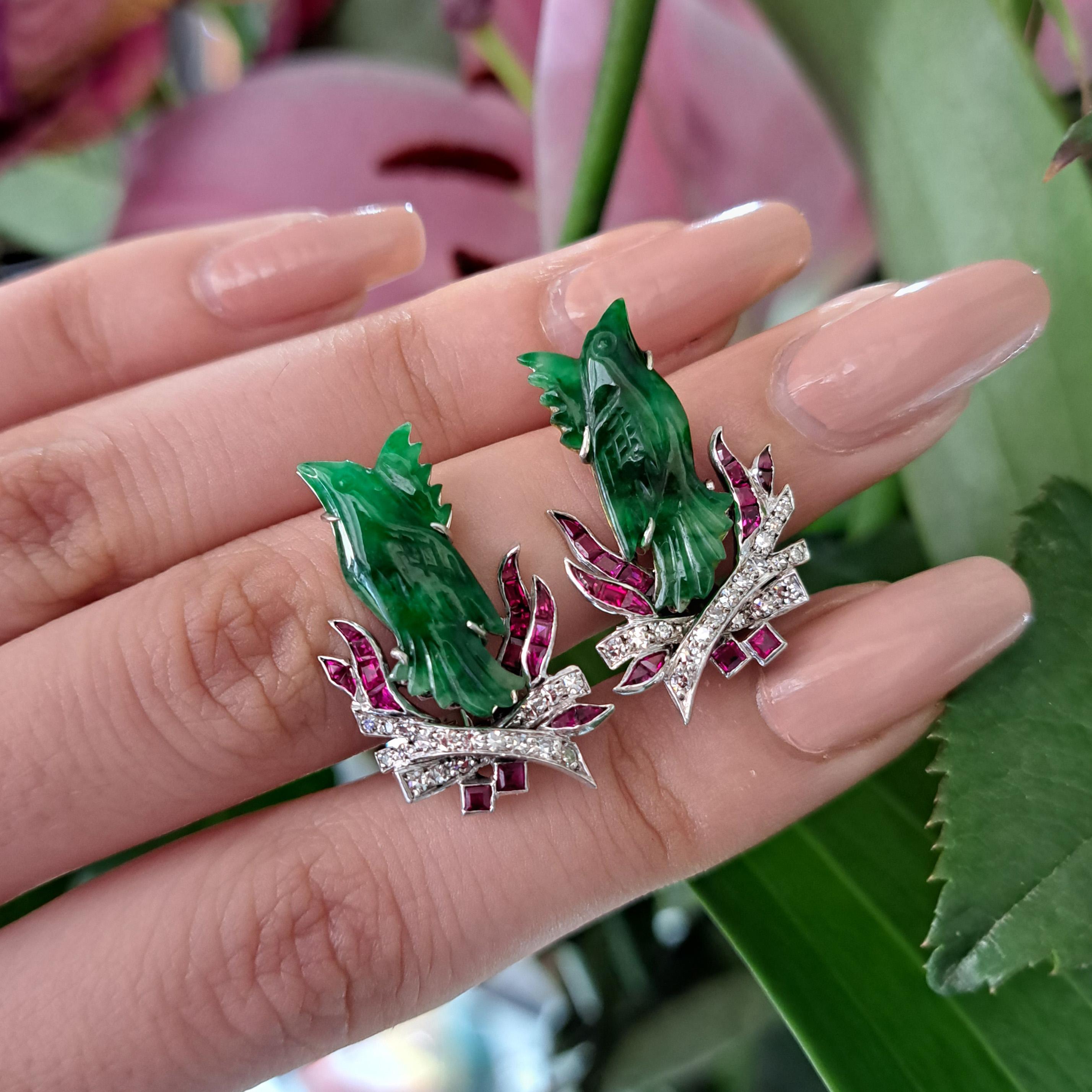 Round Cut Art Deco Jade, Ruby, Diamond and Platinum Phoenix Earrings, Circa 1920 For Sale