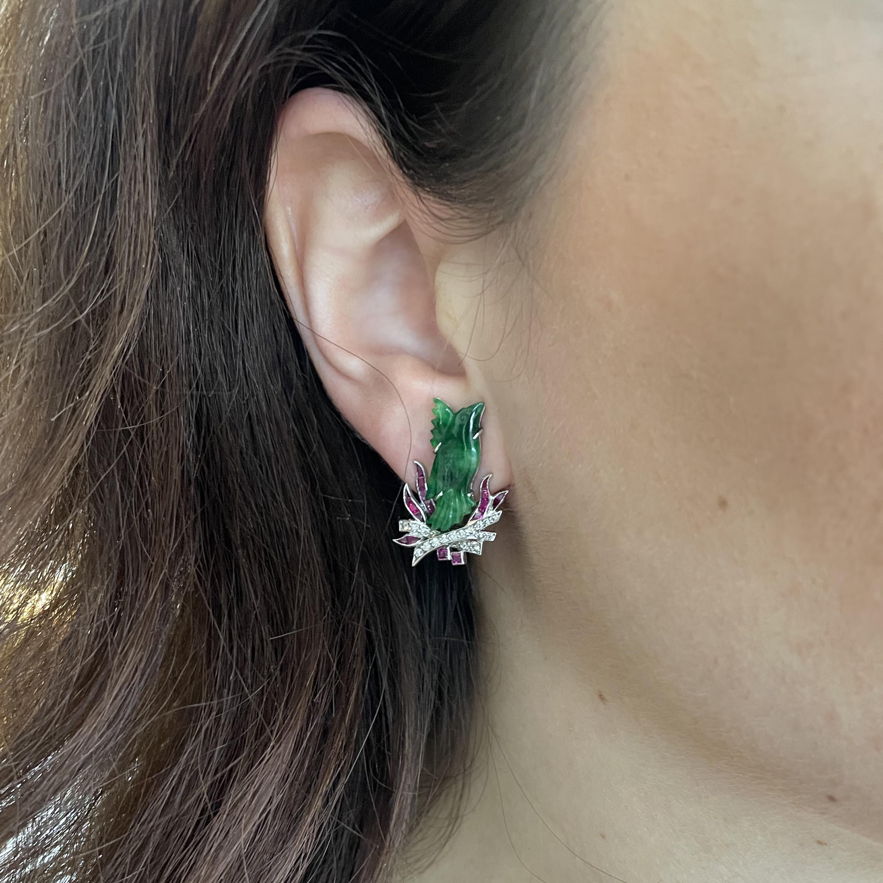 Art Deco Jade, Ruby, Diamond and Platinum Phoenix Earrings, Circa 1920 For Sale 1