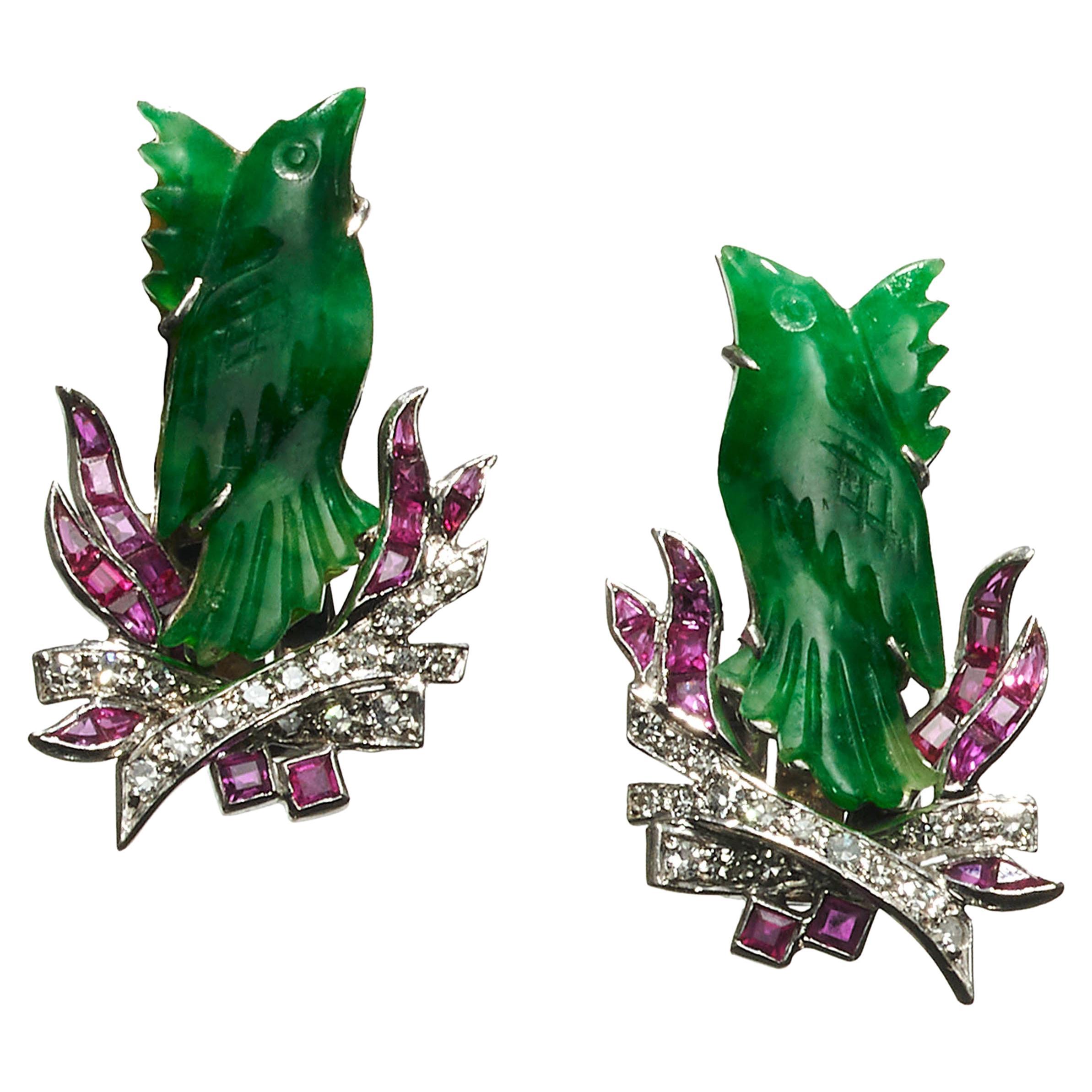 Art Deco Jade, Ruby, Diamond and Platinum Phoenix Earrings, Circa 1920